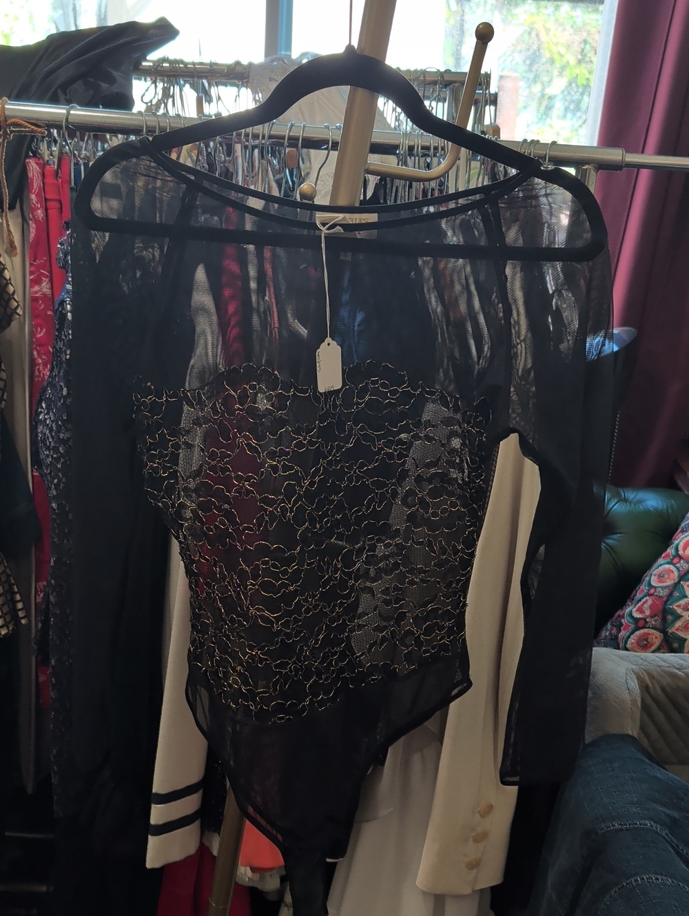 Victoria's Secret Black Sheer Long-Sleeve Bodysuit with Gold Lace Detail